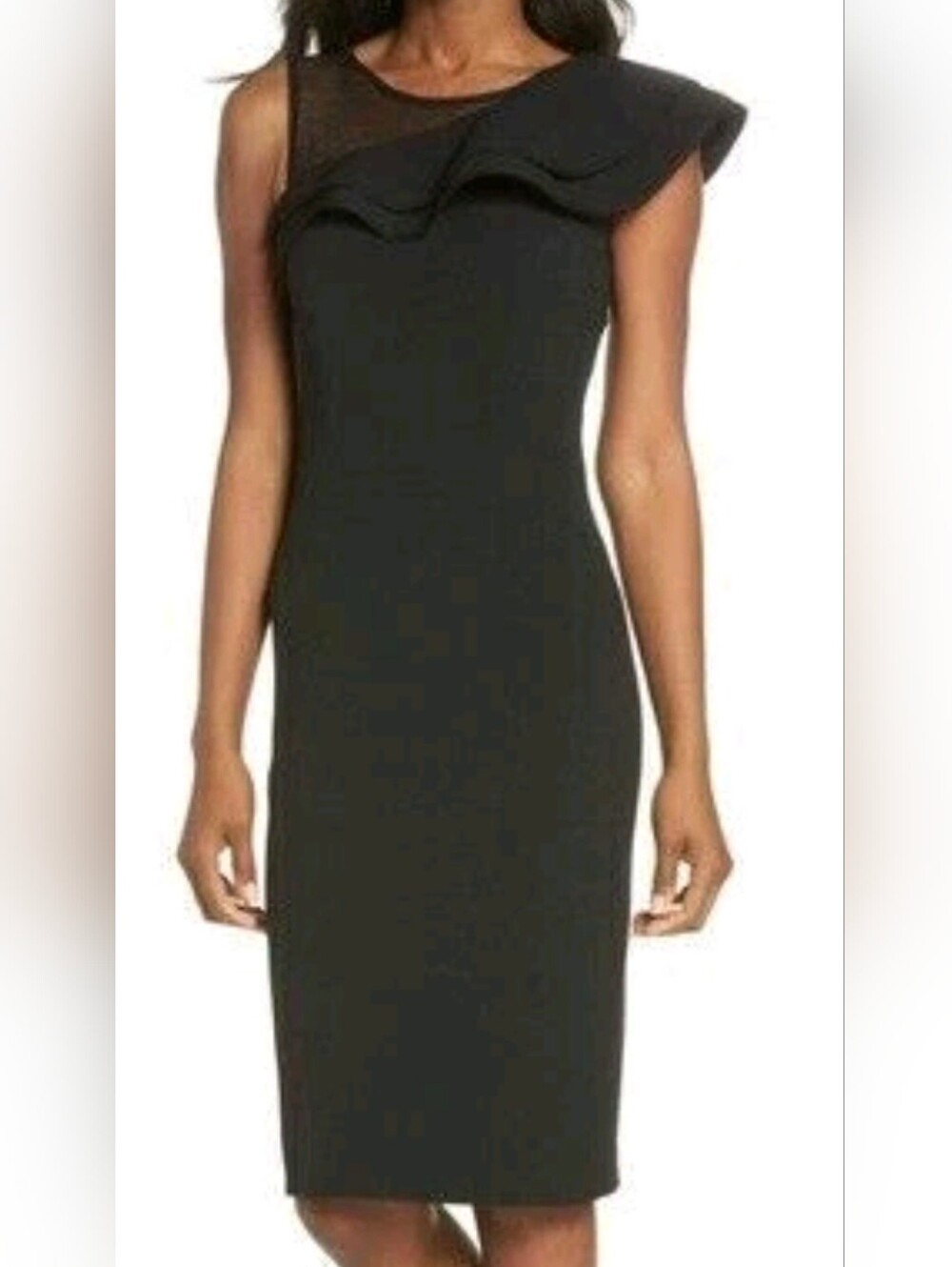 ELIZA J ASYMMETRICAL RUFFLE NECK CREPE SHEATH BLACK DRESS SIZE 10 NEW